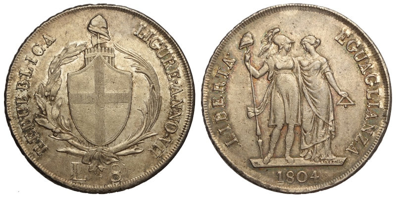 obverse: Genova, Repubblica Ligure, 8 Lire 1804 anno VII, Rara Ag mm 41 g 33,19 SPL