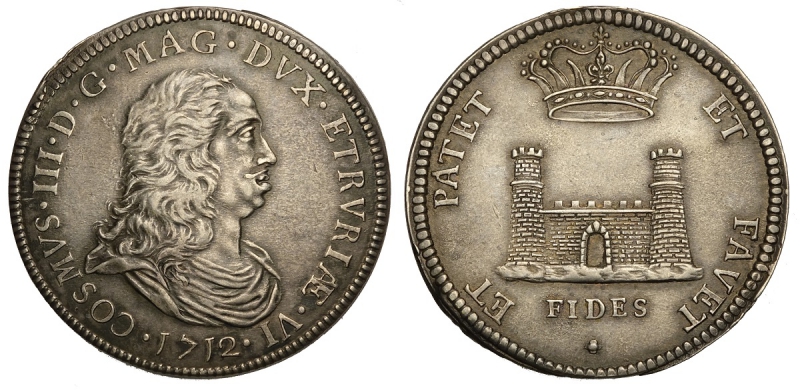 obverse: Livorno, Cosimo III Dè Medici, Tollero 1712, Rara Ag mm 44 g 26,95 buon SPL