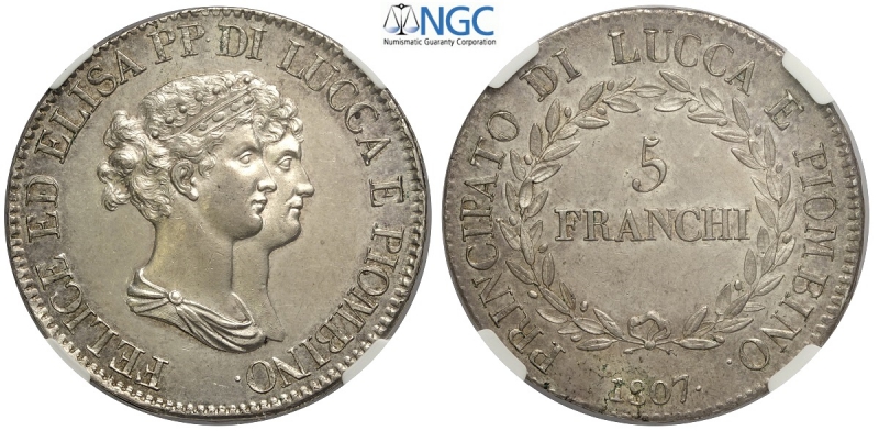 obverse: Lucca, Elisa Bonaparte e Felice Baciocchi, 5 Franchi 1807, Ag mm 37,5 di bella qualità, in slab NGC MS62