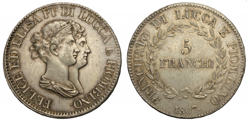obverse: Lucca, Elisa Bonaparte e Felice Baciocchi, 5 Franchi 1807, Ag mm 37,5 di bella qualità, migliore di SPL