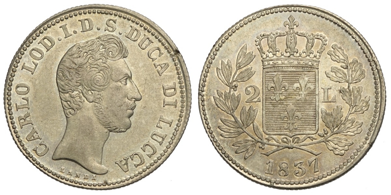 obverse: Lucca, Carlo Ludovico di Borbone, 2 Lire 1837, Rara Ag mm 27,5 buon SPL