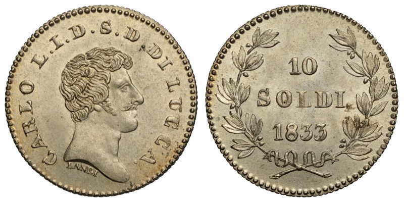 obverse: Lucca, Carlo Ludovico di Borbone, 10 Soldi 1833, Ag mm 19 FDC