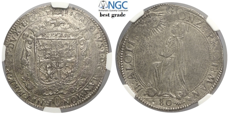 obverse: Mantova, Carlo I Gonzaga/Nevers (1627-1637), Mezzo Ducatone, Rara Ag mm 38 g 15,42 in slab NGC MS62 (miglior esemplare sigillato NGC)