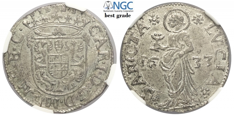 obverse: Mantova, Carlo I Gonzaga/Nevers (1627-1637), Lira 1633, Ag mm 27 g 4,40 conservazione eccelsa per la tipologia, in slab NGC MS64 (miglior esemplare sigillato NGC)
