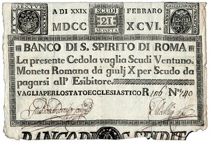 obverse: BANCO S. SPIRITO DI ROMA - 21 Scudi 29/02/1796