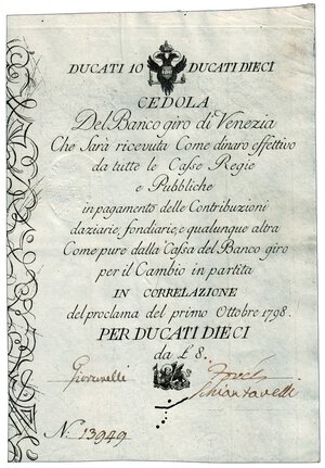 obverse: CEDOLA del Banco di Giro di Venezia da 10 Ducati.