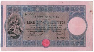obverse: BANCO DI SICILIA - Lire 500 Ad 2350 del 22/03/1918