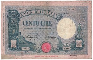obverse:  REGNO D ITALIA - Vittorio Emanuele III - 100 Lire azzurro