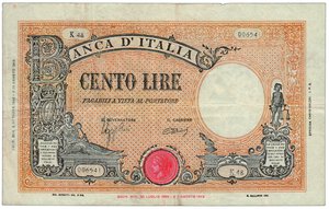 obverse:  REGNO D ITALIA - Vittorio Emanuele III - 100 Lire giallo