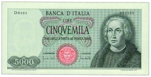 obverse: REPUBBLICA ITALIANA 5000 Lire