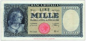 obverse: B.D.I. Rep.Italiana 1000 Lire  Italia  Testina serie M41 067265 20/03/1947 BI 53A.