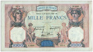 obverse: BANCA di FRANCIA - 1.000 Franchi 20/10/38.