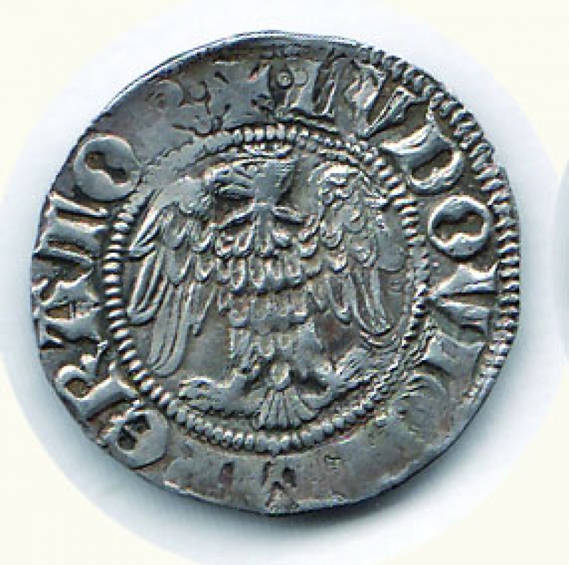 obverse: COMO Franchino I Rusca (1327-1335) Grosso a nome di Ludovico il Bavaro D/Aquila a s.; R/Il Santo assiso di fronte tra F - R. C.N.I. 183/4. g.2,01.