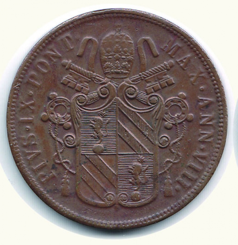 obverse: ROMA - Pio IX - 5 Baiocchi 1854