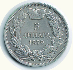 reverse: SERBIA - Milan Obrenovic IV (1868-1899) - 5 Dinari  1879.