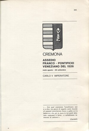 obverse: TRAINA  M. - Cremona. Assedio franco-pontificio veneziano del 1526. Carlo V Imperatore.  Bologna, 1976. pp. 10, con ill. nel testo. ril. carta varese, buono stato.