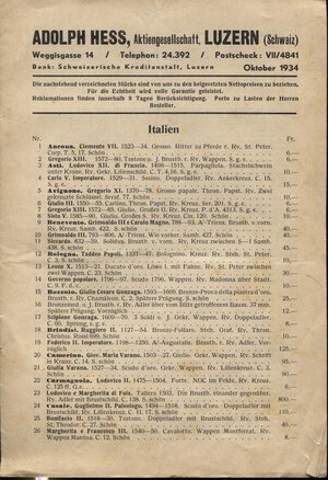 obverse: HESS  A. NACH. – Luzern, Oktober, 1934.  Catalogue a prix marques. Italien.  Pp. 10,  nn. 443.  Brossura ed. buono stato, molto raro.