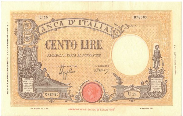 Banconote. Regno D'Italia. Vittorio Emanuele III. 100 Lire Grande B ...