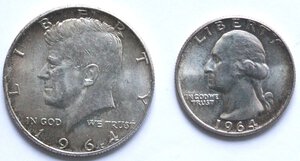 obverse: USA. Lotto di 2 monete. Mezzo dollaro e Quarto di dollaro 1964. Ag. 