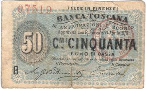 obverse: Banconote. Banca Toscana di Anticipazioni e Sconto. 50 Centesimi. Decreto 24 Aprile 1870. 
