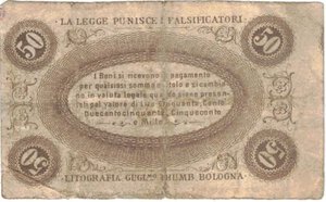 reverse: Banconote. Banca Toscana di Anticipazioni e Sconto. 50 Centesimi. Decreto 24 Aprile 1870. 