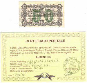 obverse: Banconote. Banca del Popolo Firenze. 50 Centesimi. 1868. 