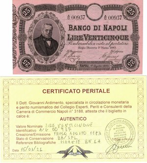 obverse: Banconote. Banco di Napoli. 25 Lire Cavour. D.M. 01-08-1883. 