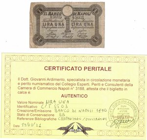obverse: Banconote. Banco di Napoli. 1 Lira. 1 ottobre 1870. Fede di Credito del V° tipo. 