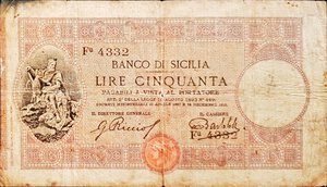 obverse: Banconote. Banco di Sicilia. 50 Lire II tipo. D.M. 24-12-1913. 