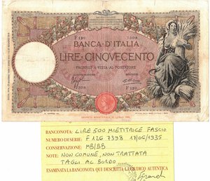 obverse: Banconote. Regno D Italia. Vittorio Emanuele III. 500 Lire Mietitrice. (Fascio). D.M. 17-06-1935. 