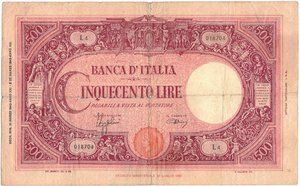 obverse: Banconote. Regno D Italia. Vittorio Emanuele III. 500 lire Grande C. (Fascio). D.M. 31-03-1943. 
