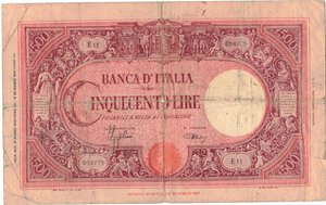 obverse: Banconote. Regno D Italia. Vittorio Emanuele III. 500 lire Grande C. (Fascio). D.M. 31-03-1943. 