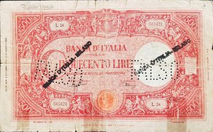 obverse: Banconote. Regno D Italia. Vittorio Emanuele III. 500 lire Grande C. (B.I.). D.M. 08-10-1943. Gig. BI34A. B. Pieghe, Strappi, Scritta. FALSO D EPOCA.