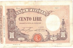 obverse: Banconote. Regno D Italia. Vittorio Emanuele III. 100 Lire Matrice (Decreto). D.M. 23-05-1915. 