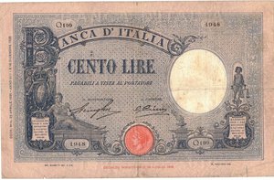 obverse: Banconote. Regno D Italia. Vittorio Emanuele III. 100 Lire Azzurrino. (Fascio). D.M. 22-04-1930. 