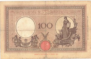 reverse: Banconote. Regno D Italia. Vittorio Emanuele III. 100 Lire Azzurrino. (Fascio). D.M. 22-04-1930. 