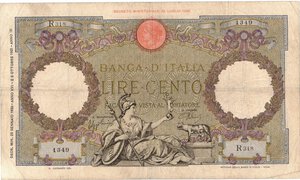obverse: Banconote. Regno D Italia. Vittorio Emanuele III. 100 Lire  Roma Guerriera (Fascio). D.M. 29-01-1938. 