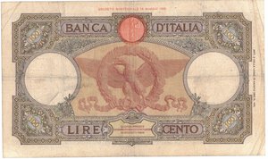 reverse: Banconote. Regno D Italia. Vittorio Emanuele III. 100 Lire  Roma Guerriera (Fascio). D.M. 29-01-1938. 