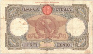 reverse: Banconote. Regno D Italia. Vittorio Emanuele III. 100 Lire  Roma Guerriera (Fascio). D.M. 19-07-1939. 