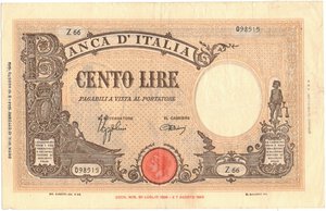 obverse: Banconote. Regno D Italia. Vittorio Emanuele III. 100 lire Grande B. (B.I.) D.M. 10-10-1944. 