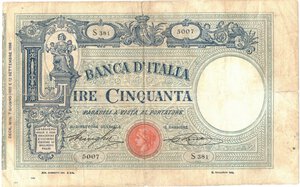 obverse: Banconote. Regno D Italia. Vittorio Emanuele III. 50 Lire. Matrice (Decreto). D.M. 7-06-1920.