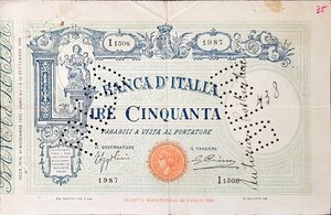 obverse: Banconote. Regno D Italia. Vittorio Emanuele III. 50 lire Grande L. (Fascio). D.M. 21-11-1933. Gig. BI5/22. BB. Macchie. Scritta. FALSO D EPOCA.