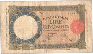 obverse: Banconote. Regno D Italia. Vittorio Emanuele III. 50 lire Lupetta (Fascio) 1°Tipo. D.M. 29-04-1940. 