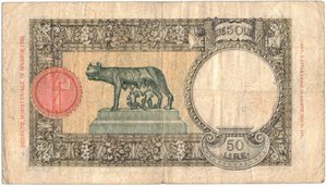 reverse: Banconote. Regno D Italia. Vittorio Emanuele III. 50 lire Lupetta (Fascio) 1°Tipo. D.M. 29-04-1940. 