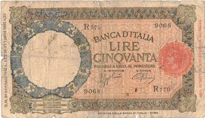 obverse: Banconote. Regno D Italia. Vittorio Emanuele III. 50 lire Lupetta (Fascio) 2°Tipo. D.M. 24-01-1942. 