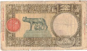 reverse: Banconote. Regno D Italia. Vittorio Emanuele III. 50 lire Lupetta (Fascio) 2°Tipo. D.M. 24-01-1942. 