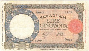 obverse: Banconote. Regno D Italia. Vittorio Emanuele III. 50 lire Lupetta (Fascio). L Aquila. D.M. 13-02-1943. 