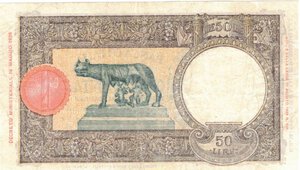 reverse: Banconote. Regno D Italia. Vittorio Emanuele III. 50 lire Lupetta (Fascio). L Aquila. D.M. 13-02-1943. 