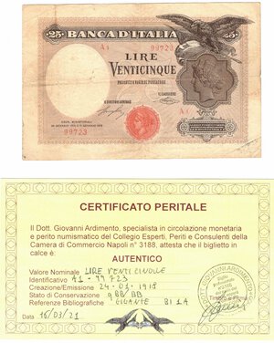 obverse: Banconote. Regno D Italia. Vittorio Emanuele III. 25 Lire Aquila Latina. D.M. 24-01-1918. 