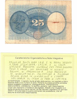reverse: Banconote. Regno D Italia. Vittorio Emanuele III. 25 Lire Aquila Latina. D.M. 24-01-1918. 